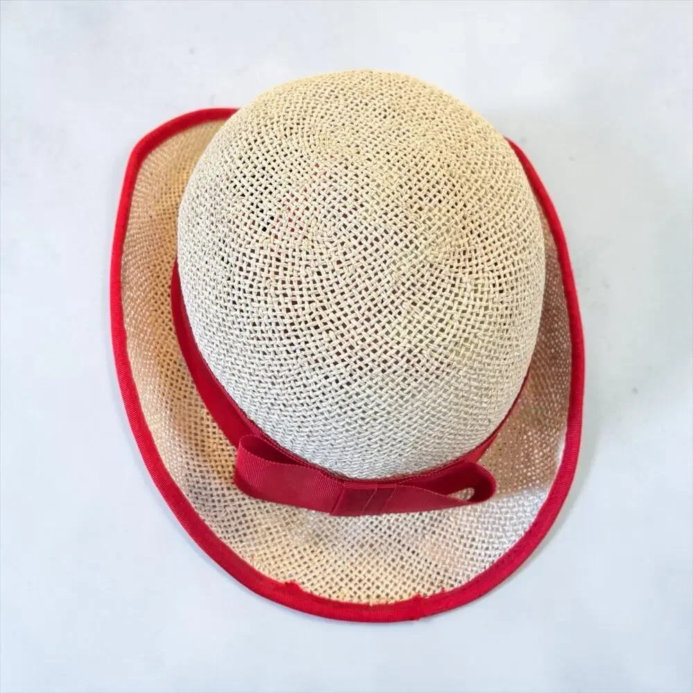 50s Red Ribbon Straw Cloche Hat Cinderella New York Picnic Rockabilly